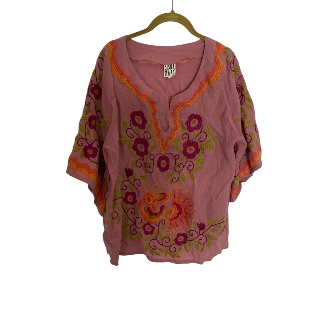 Sister Mary Floral Pink Embroidered Women's Top Small